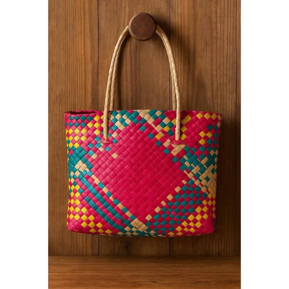 Handwoven Palm Tote Recycled Bag Multicolor Mexican Style